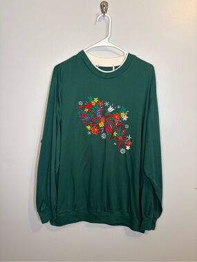 Dark Green Floral Embroidered Women's Sweater Vintage 2X Christmas Holiday Snow